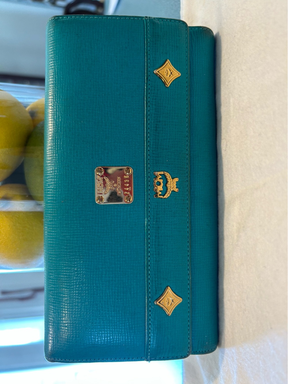 MCM Teal Leather Long TriFold Wallet with Charm
